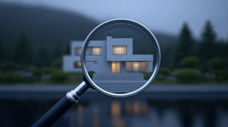 A modern house illuminated in the evening, showcased through a magnifying glass, reflecting tranquility and serenity by the water, surrounded by nature.の素材