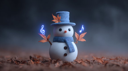 A charming snowman with a blue hat and scarf holds glowing musical notes amidst colorful autumn leaves, creating a whimsical holiday atmosphere.の素材