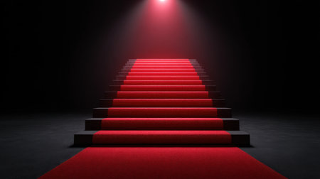 This stunning image features an elegant red carpet leading up a series of dark stairs, highlighted by a dramatic spotlight, embodying glamour and prestige.の素材