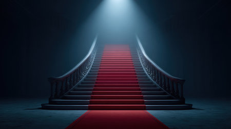 This image showcases a stunning grand staircase adorned with a rich red carpet, illuminated by a single dramatic light beam, creating a captivating ambience.の素材