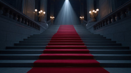 This stunning image captures an elegant red carpet flowing up a majestic staircase in a dimly lit luxurious interior, creating a classic and inviting atmosphere.の素材
