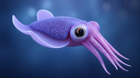 A stunning depiction of a vibrant purple squid swimming through deep ocean waters, highlighting its unique texture and graceful movements in a serene underwater setting.の素材