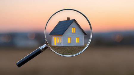 A magnifying glass magnifies a beautiful model house bathed in a warm glow at sunset, symbolizing tranquility, comfort, and an ideal home.の素材