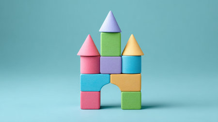 A charming arrangement of colorful toy building blocks forming a playful castle on a soft pastel blue background, ideal for children's educational themes.の素材
