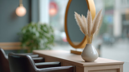A stylish salon interior showcasing a beige vase filled with pampas grass. The round mirror and soft light create a warm and inviting atmosphere perfect for relaxation.の素材