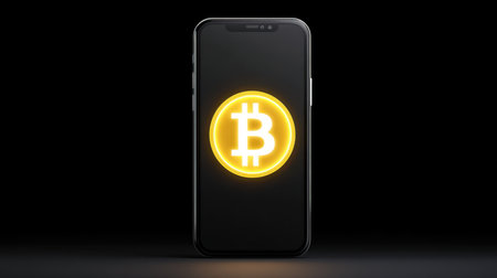 A modern smartphone is showcased with a glowing Bitcoin symbol on its screen, representing the rise of digital currency and the future of finance.の素材