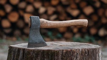 A rustic axe rests on a tree stump, set against a backdrop of stacked firewood logs. This image captures the essence of woodworking and outdoor lifestyle.の素材