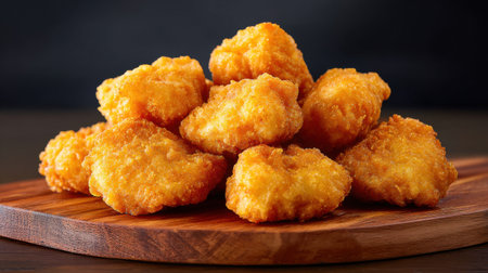 A tempting pile of golden fried chicken nuggets rests on a wooden cutting board, perfect for quick snacking or dipping in your favorite sauce for added flavor.の素材