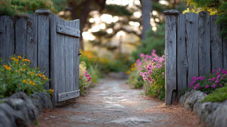 A tranquil garden pathway featuring a rustic wooden gate leads through vibrant flowers under soft evening sunlight. The serene landscape invites exploration and relaxation.の素材