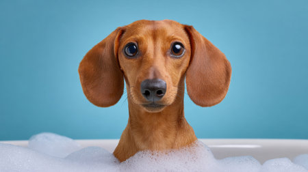 A cheerful dachshund puppy with a playful expression peeks out from a bubbly bath, showcasing its shiny fur against a vibrant blue backdrop.の素材