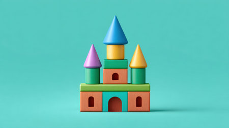 A vibrant wooden castle toy designed for children, showcasing colorful peaks and a sturdy base. Ideal for promoting creativity and learning through play.の素材