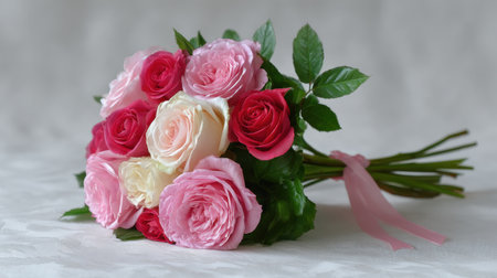 This stunning bouquet features a harmonious blend of pink and red roses, complemented by lush green leaves and flowing ribbons, perfect for gifting and decorating.の素材