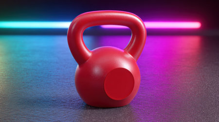 A bright red kettlebell rests on a dark surface, illuminated by colorful lighting, symbolizing strength training and fitness. Perfect for workout imagery.の素材
