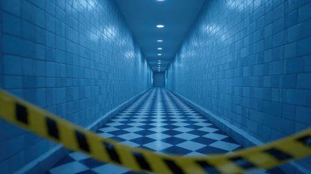 A captivating image of a long, empty hallway illuminated in cool blue tones, featuring a striking checkered floor and caution tape, creating an eerie atmosphere.の素材