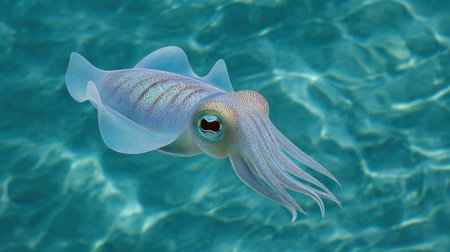 This vibrant image features a squid gracefully swimming through the clear blue waters of the ocean, showcasing its stunning colors and fluid movement.の素材