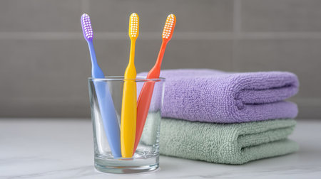A visually appealing scene featuring three colorful toothbrushes in a glass, accompanied by soft towels, highlighting hygiene in a modern bathroom setting.の素材