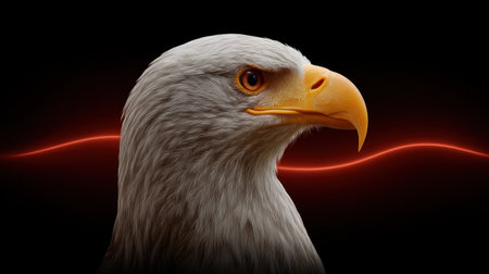 This striking image captures the regal profile of a bald eagle with a fierce gaze, set against a dark background enhanced by a vibrant light accent, symbolizing strength and majesty.の素材