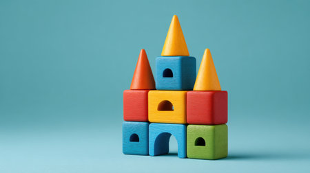 This vibrant image features a castle made of colorful wooden blocks and cones, ideal for inspiring creativity and imaginative play in children.の素材