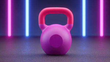 This image showcases a vibrant kettlebell against a dynamic neon backdrop, perfect for themes of fitness, exercise, and modern workout spaces.の素材