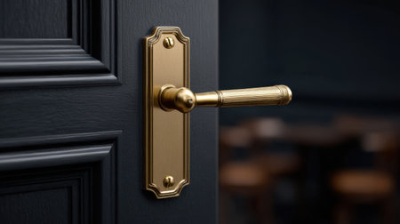 An elegant brass door handle attached to a dark modern door, showcasing intricate design and craftsmanship, ideal for enhancing upscale interiors.の素材