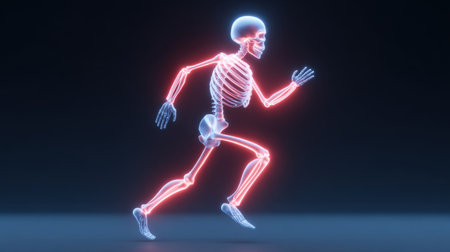 A dynamic 3D illustration of a glowing neon skeleton in motion, showcasing the human form's anatomy and energy in an engaging, visually stunning way.の素材