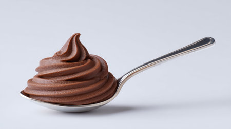 A sumptuous swirl of rich chocolate mousse elegantly piled on a polished silver spoon, perfect for showcasing the delightful indulgence of dessert.の素材