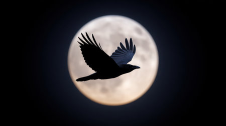 A striking silhouette of a bird in flight against the backdrop of a full moon, creating a captivating scene filled with mystery and beauty in the night sky.の素材