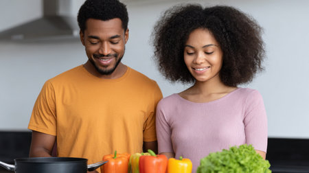 A joyful couple enjoys cooking together in a bright kitchen, surrounded by fresh vegetables, capturing the essence of healthy eating and togetherness.の素材