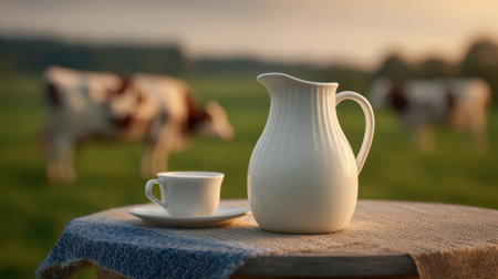 This inviting rustic scene features a white creamer and a delicate cup on a wooden table, with gentle cows grazing in the serene countryside.の素材