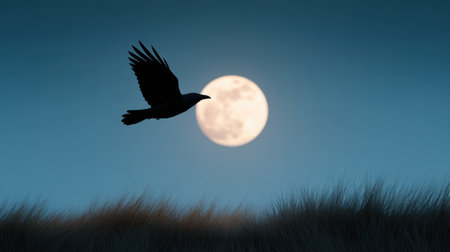 A majestic bird glides through a serene night sky, silhouetted against a radiant full moon, creating a tranquil and atmospheric scene.の素材
