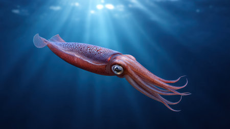 A stunning red squid glides through the tranquil ocean depths, illuminated by gentle rays of sunlight filtering through the water's surface, showcasing its beauty.の素材