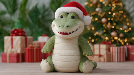 A charming plush crocodile toy in a Santa hat sits cheerfully in front of a beautifully decorated Christmas tree and wrapped gifts, perfect for a festive atmosphere.の素材