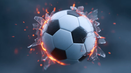 A stunning visual of a soccer ball bursting through shattered glass, surrounded by sparks and fiery elements, capturing the thrill of the game and energy.の素材