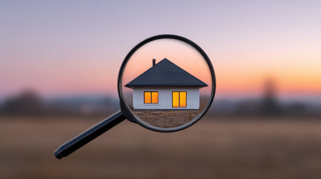 A captivating image of a house framed by a magnifying glass, set against a colorful sunset and serene landscape, evoking warmth and tranquility.の素材
