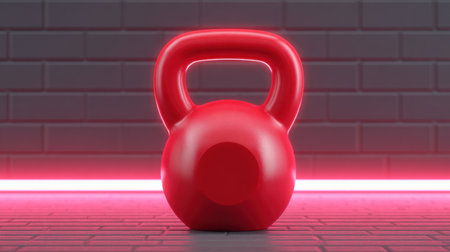 A vibrant red kettlebell stands against a gray brick background, illuminated by neon lights, symbolizing strength, fitness, and workout motivation.の素材