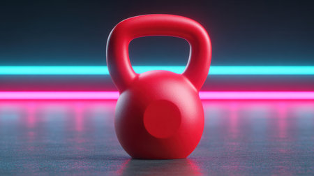 A vibrant red kettlebell sits on a sleek dark surface, illuminated by colorful neon lights, ideal for concepts related to fitness and training.の素材