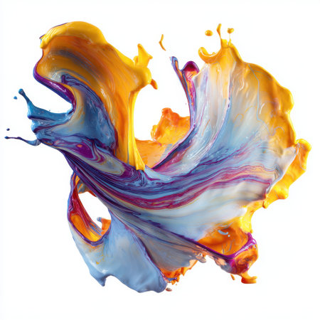 This vibrant abstract artwork showcases a dynamic splash of paint in bright colors, creating an energetic visual experience that captivates.の素材