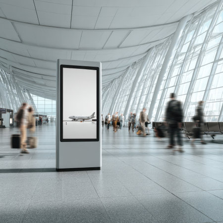 A modern airport terminal showcases a sleek digital display amidst flowing crowds of passengers, illustrating the dynamic environment of travel today.の素材