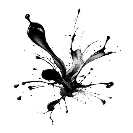 This abstract black ink splash on a white background delivers a striking visual contrast, perfect for creative and artistic projects. Utilize this image for designs requiring a modern and dynamic aesthetic.の素材