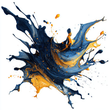 A stunning burst of blue and orange paint showcases a dynamic explosion of colors on a pure white background, perfect for creative projects.の素材