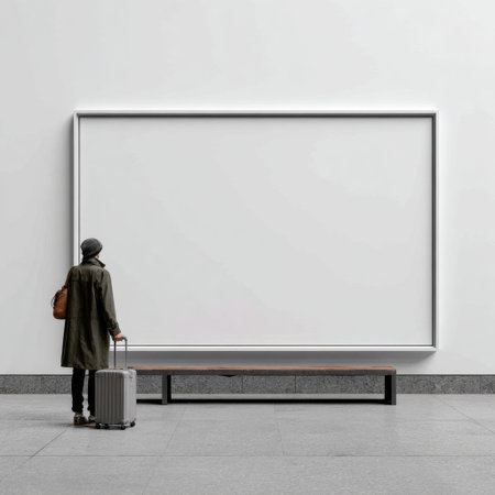 A solitary traveler stands with a suitcase in front of a large empty wall frame, embodying themes of exploration and anticipation in a minimalist environment.の素材