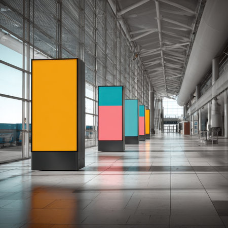 This image showcases vibrant digital displays located in a spacious airport terminal. The modern design, bright colors, and sleek lines create an inviting and informative travel environment.の素材