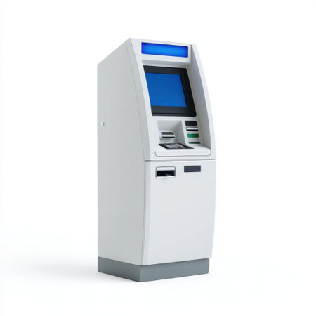 A sleek modern ATM machine stands on a white background, representing banking technology. Ideal for financial service imagery, this image illustrates automated transaction solutions.の素材