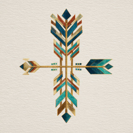 Unique geometric arrow design featuring vibrant colors and intricate patterns on a light background. Ideal for creative projects and artwork inspiration.の素材