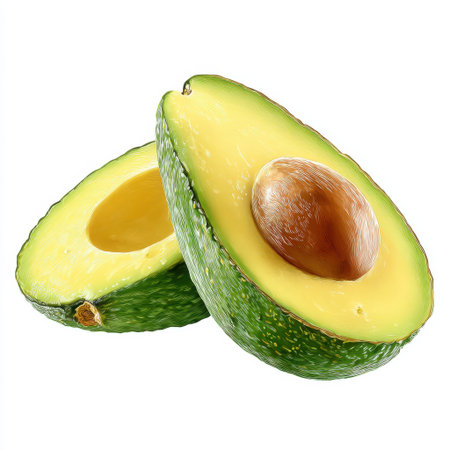 A vibrant, fresh avocado halved to reveal its creamy yellow flesh and large brown seed, ideal for healthy eating and cooking inspirations.の素材