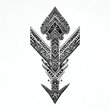 This artwork features an intricate black and white arrow design filled with geometric patterns and symmetrical motifs, perfect for graphic and decorative projects.の素材