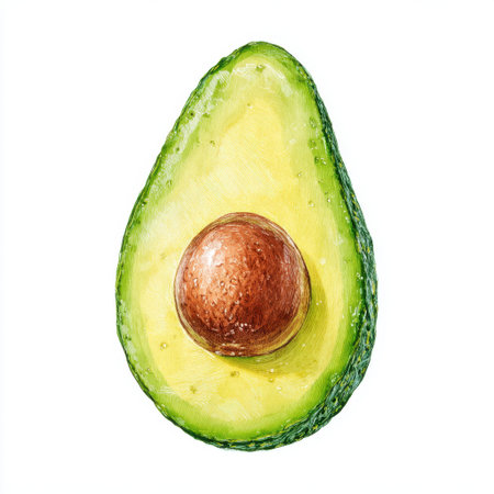 This artistic representation of a fresh avocado half showcases its vibrant green flesh and rich brown seed, perfect for promoting healthy eating ideas.の素材
