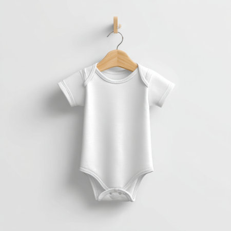 This image features a blank white baby bodysuit hanging from a wooden hanger, perfect for showcasing custom designs in baby fashion photography and textile mockups.の素材