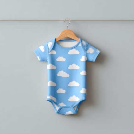 This adorable baby onesie features a charming cloud pattern on a soft blue background. Perfect for newborns and ideal for any nursery setting.の素材