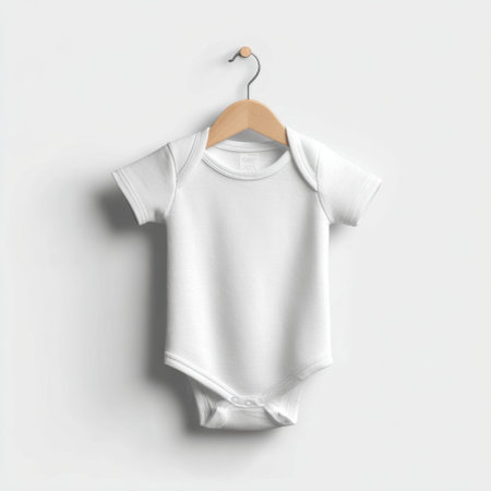 A simple and clean white baby onesie displayed on a wooden hanger, ideal for showcasing infant fashion and newborn apparel. Perfect for minimalist designs.の素材
